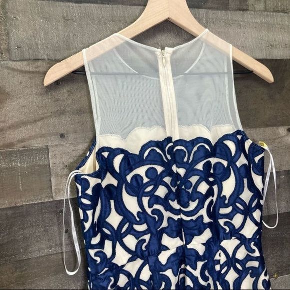 Julia Jordan Blue Appliqué Sheath Dress Mesh Illusion Neckline - Picture 5 of 10